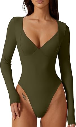 QINSEN Womens Long Sleeve Bodysuit V Neck Body Suits Seamed Cup Going Out Tops Shirt