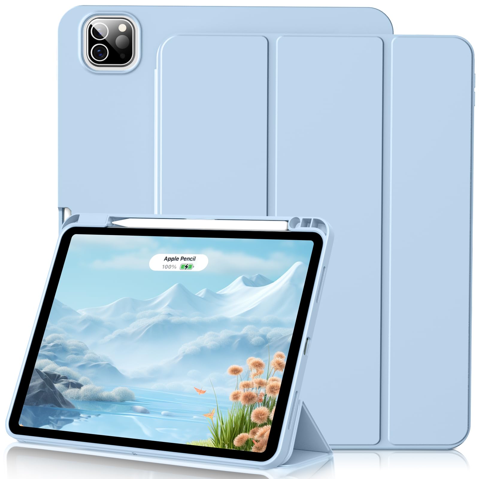 Lsmmpoba Hülle für iPad Pro 12,9 Zoll 6./5./4./3. Generation mit Stifthalter, Unterstützung Pencil Aufladung der 2. Gen, TPU Rückseite für iPad Pro 12,9 2022/2021/2020/2018, Hellblau