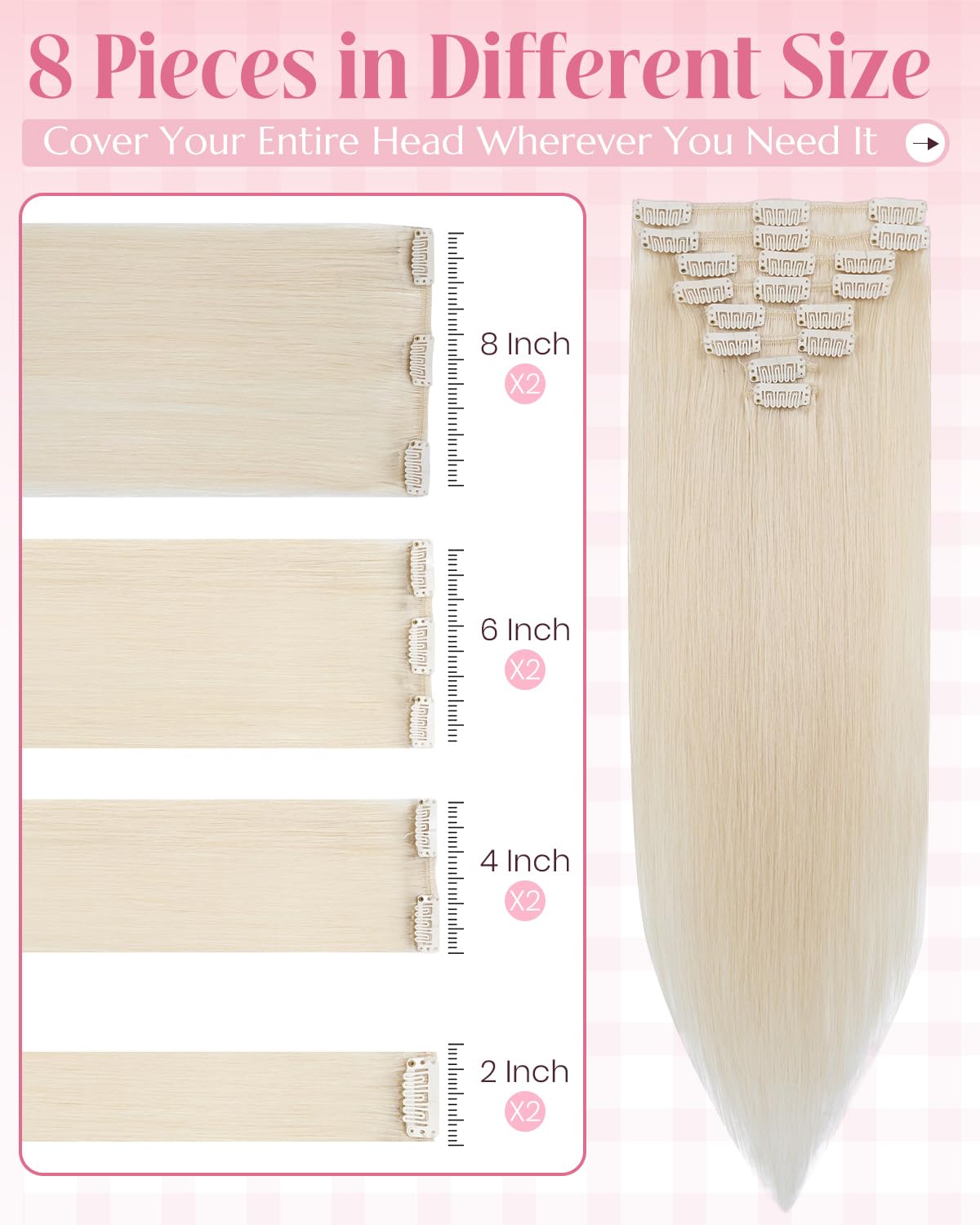 SLEEKALON Real Hair Extensions Clip in Human Hair Remy #70 Bleach White - 22 Inch 75 Gram 8 Pcs Invisible Full Head Weft Straight - Image 3