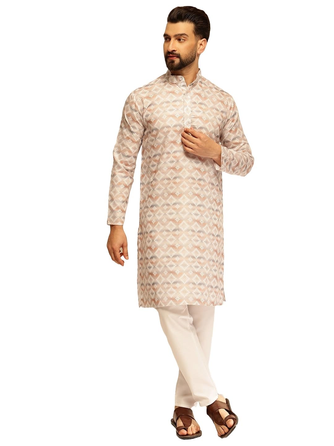 Sojanya (Since 1958 Men's Cotton Linen Self Design Beige Kurta With White Pyjama