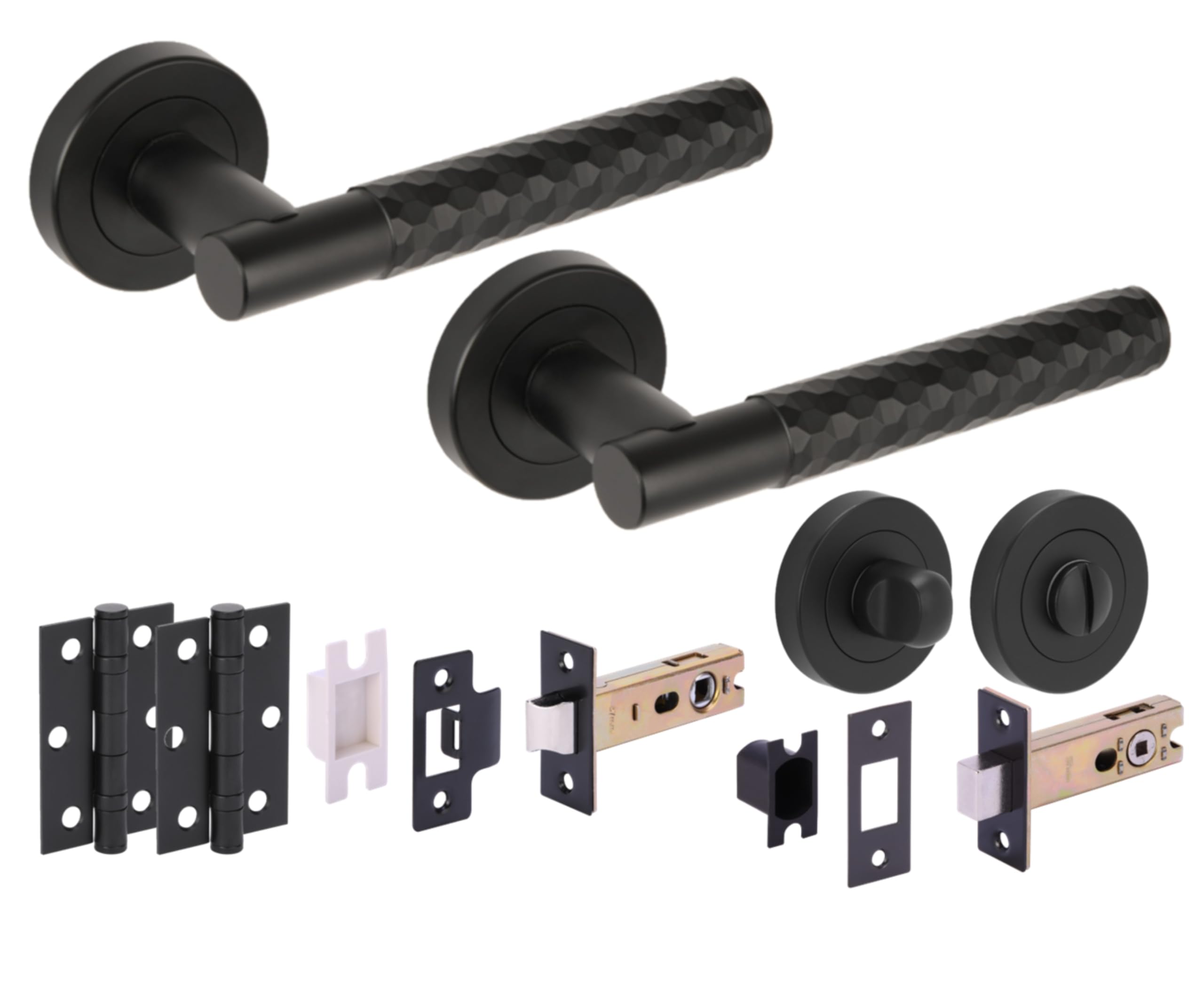 Hunta Black Matt Handlezone® Roca Diamond Cut Knurled Door Handles On Rose Bathroom Deadbolt Pack With Standard Turn Set, 76Mm Lock And Latch, 75Mm Ball Bearing Hinges