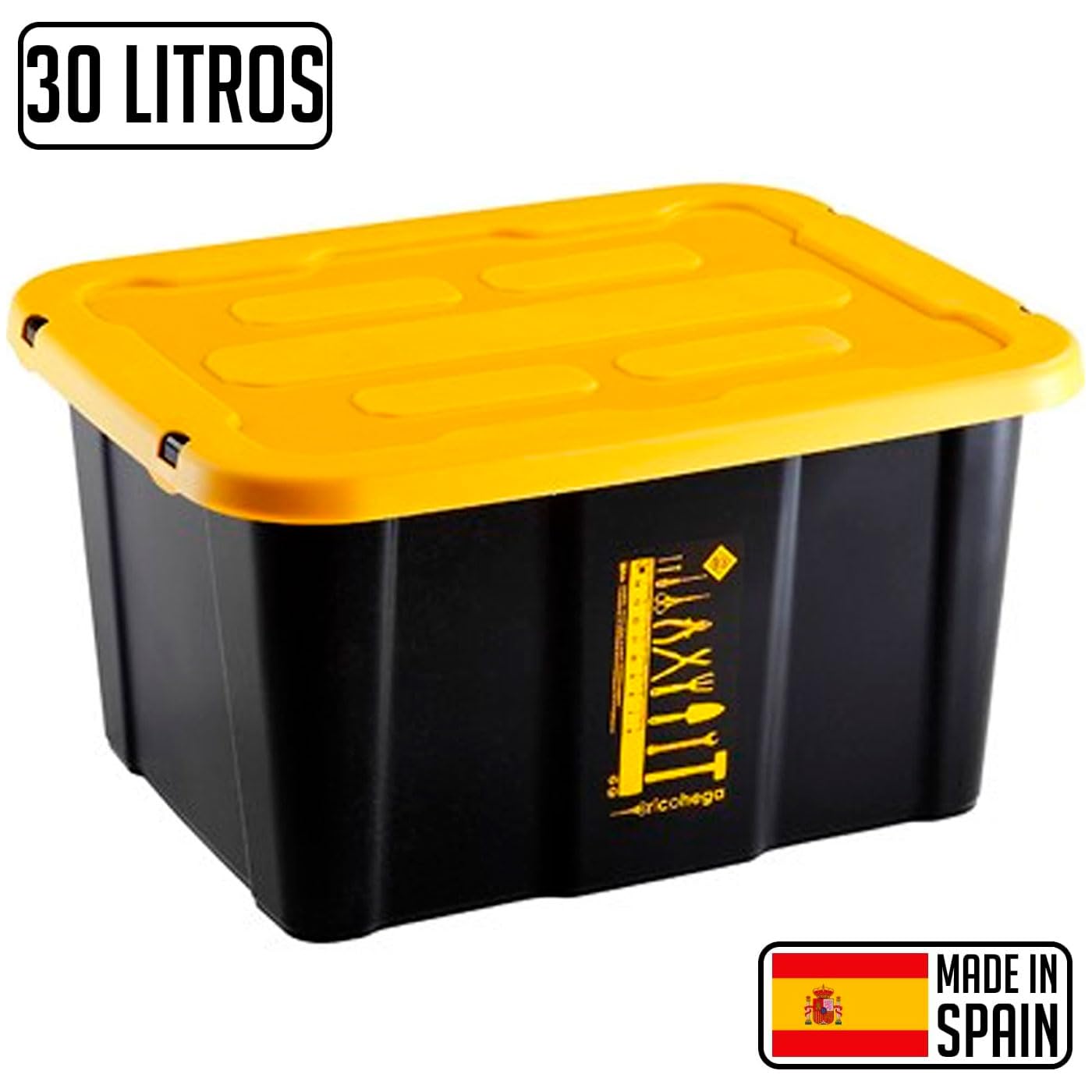 Acan Tradineur - Pack de 6 Cajas de almacenaje apilable con tapa, plástico, cajón multiusos, ordenación, herramientas, hogar, fabricada en España (30 litros - Amarillo/Negro - 48 x 35 x 25,5 cm)