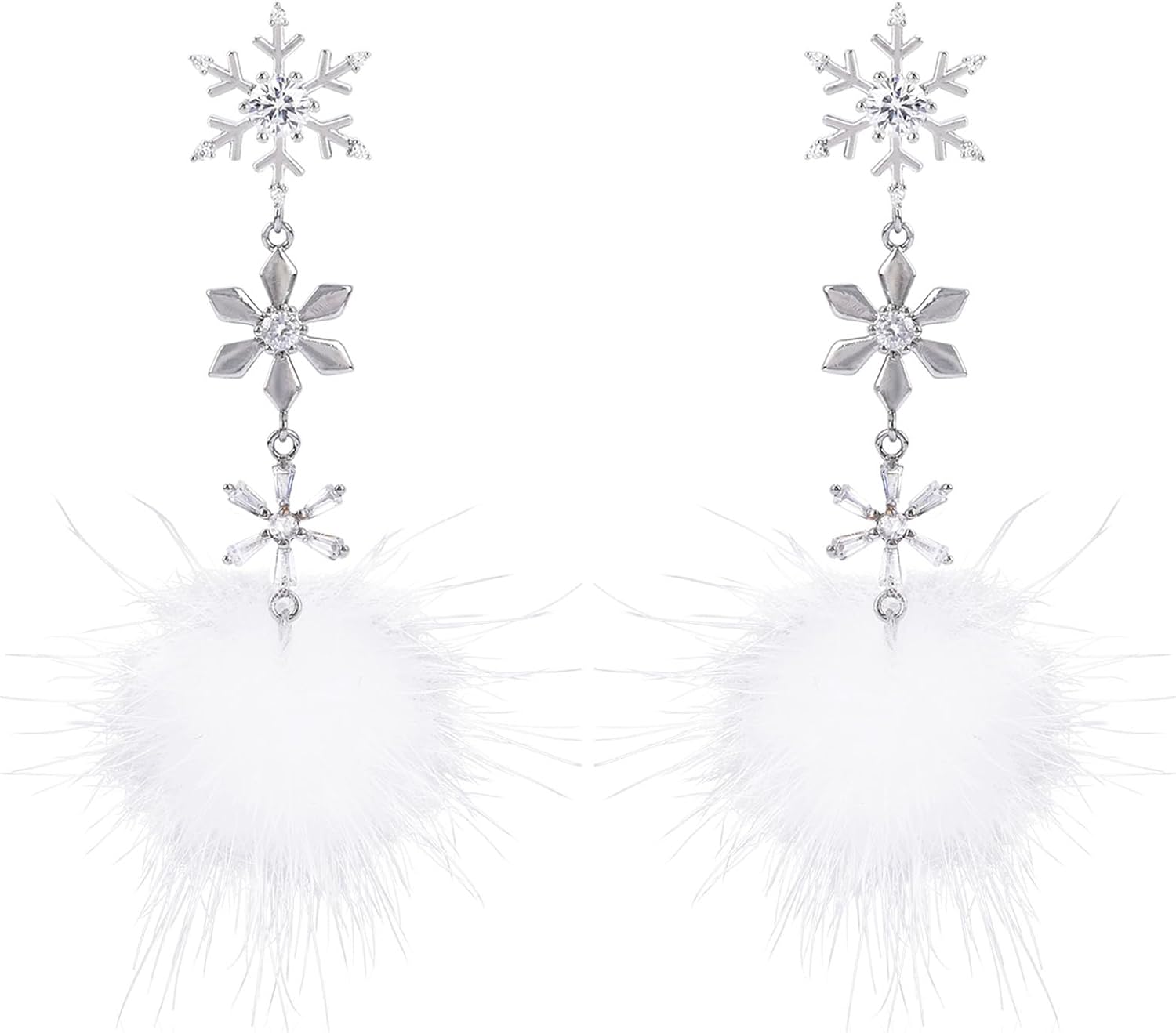 Christmas Snowflake Earrings for Women Long Dangle White Pom Pom Earrings Faux Fur Ball Fluffy Cute Drop Cubic Zirconia Crystal Snowflake Earrings for Xmas Party Holiday Winter Jewelry Gift for Women