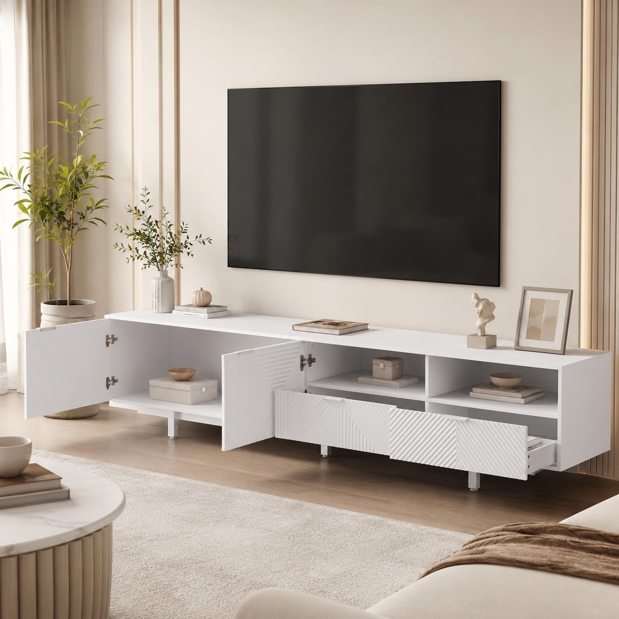 Armario bajo para TV de 200 cm de largo, con 2 puertas y 2 cajones, apto para 90 pulgadas, mesa de televisión con compartimento abierto, armario para salón, dormitorio, 200 x 40 x 51 cm, blanco