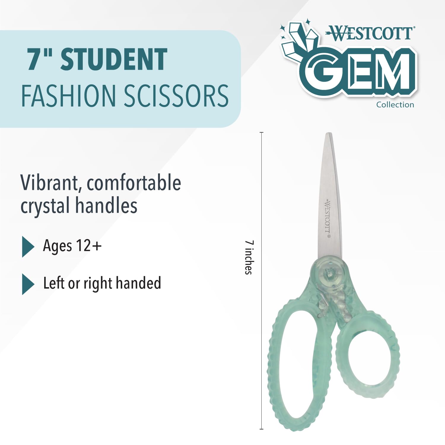 Westcott 17,8 cm große Gem Kristalldesign Schülerschere, für Kinder ab 12 Jahren, Schere für Schule, Handwerk, Zuhause, Heimwerker, Klassenzimmer, Grün