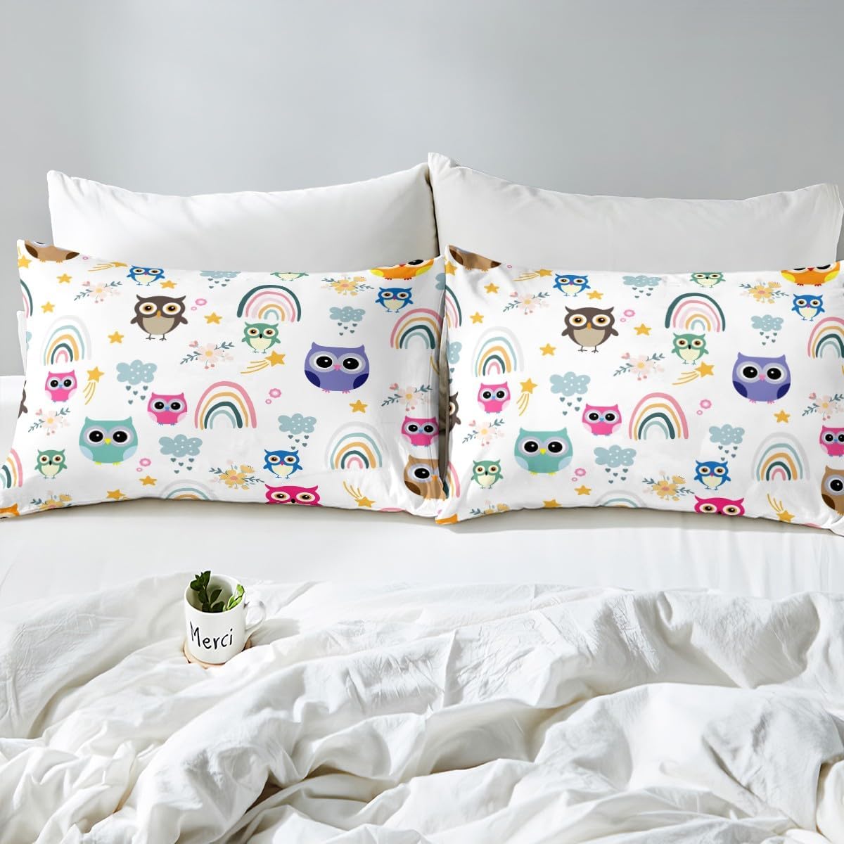 Feelyou Owl Comforter Set for Girls Boys Kids Full Size Rainbow Comforter Room Decorative Bird Decor Bedding Set Cloud Print White Duvet Set 3Pcs Quilt Set