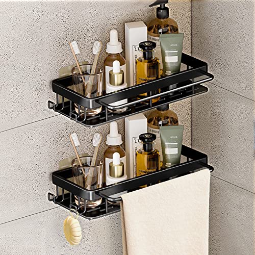 XBLDS Duschablage Ohne Bohren, 2 Stück Duschregal mit 4 Haken und 2 Handtuchhaltern, Zwei Installationsmethoden Duschablage, Selbstklebendes, Rostfrei Aluminium Duschkorb für Badezimmer, Küche, Balkon Cover
