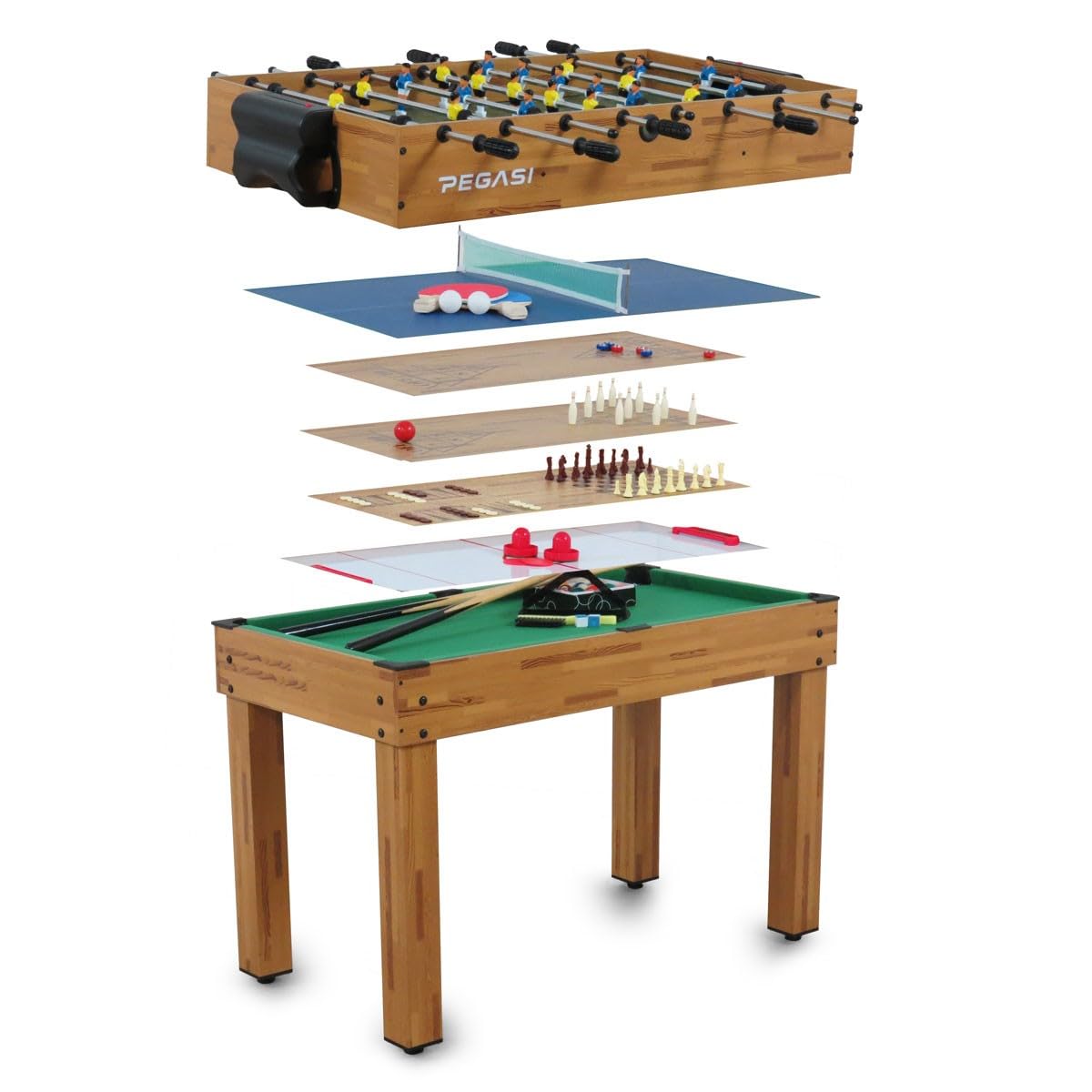 Pegasi Multikonsole 10 in 1 - Zusammenklappbar - Multifunkniertes Tischspiel - Tischfußball(Tischkiker)/Tischtennis/Air Hockey/Billard-Tisch