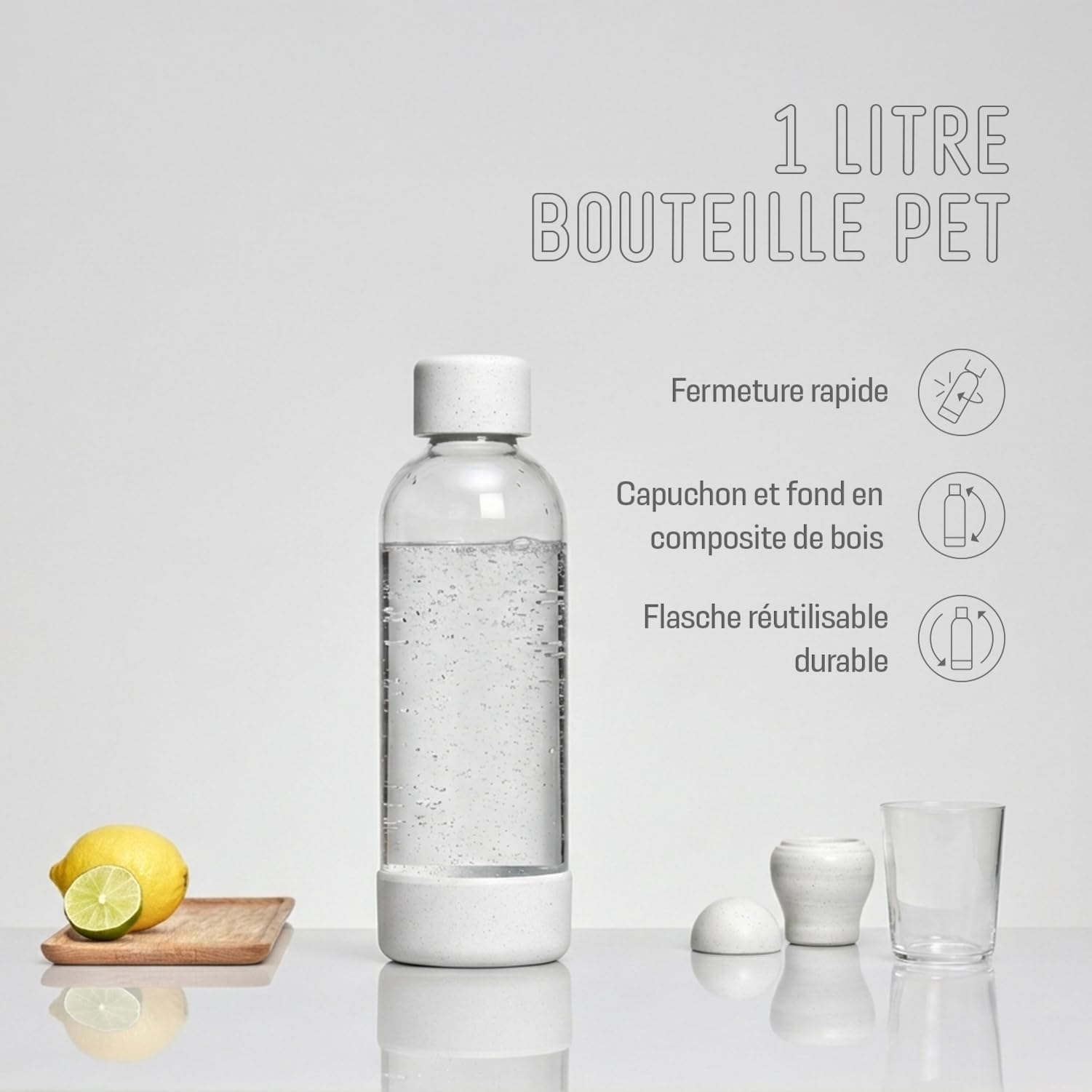 Mysoda: Machine à carboniser Woody en composite de bois renouvelable (sans cylindre CO2) avec bouteille en plastique sans BPA 1L - Blanc