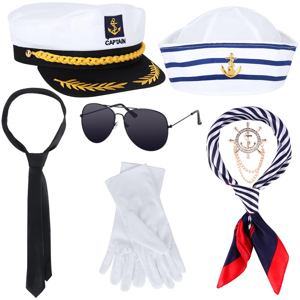 Sailor Captains Hat Costume Accessories, 8pcs Captains Ship Cap Set, Boat Accessories with Sunglasses and Scarf Gloves Tie, Funny Sailor Hat forAdult Women Men Dressing up Party