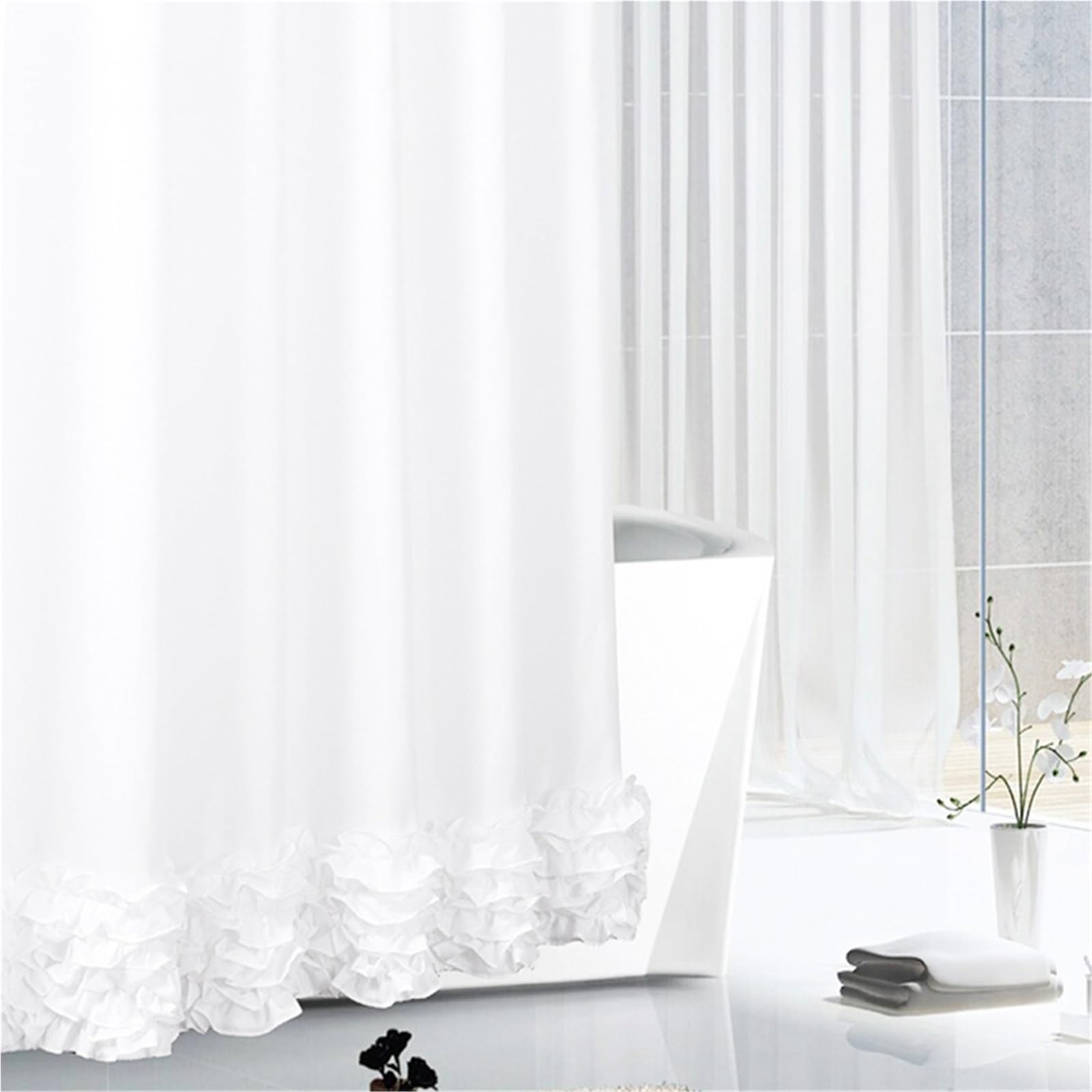 Rideau de Douche Rideau de Douche en Dentelle Blanche, Tissu Polyester, Conception à Volants imperméable avec Crochets, Fournitures Salle Bain