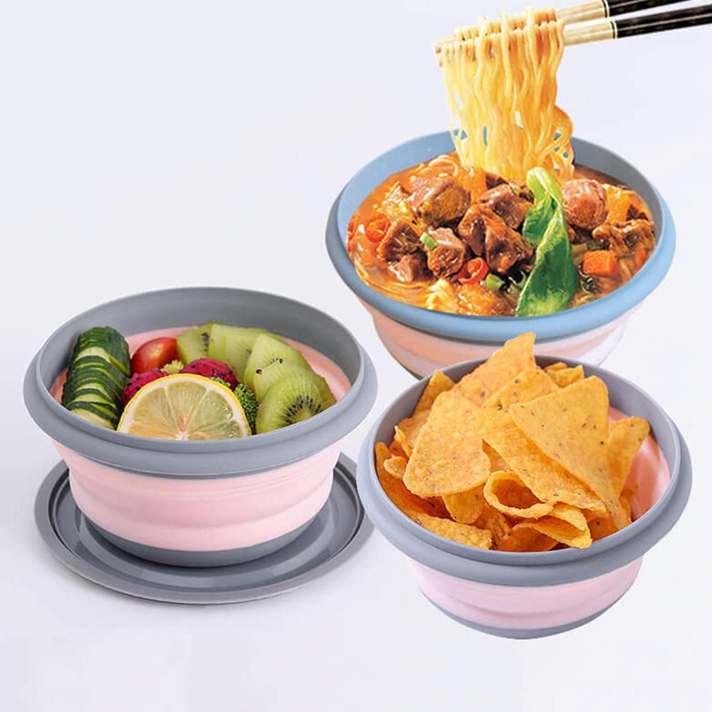 Collapsible Bowl Sets, 3 Pcs Portable Food Storage Outdoor Tableware, Silicone Folding Lunch Box Salad Bowl with Lid for Outdoor Camping Hiking