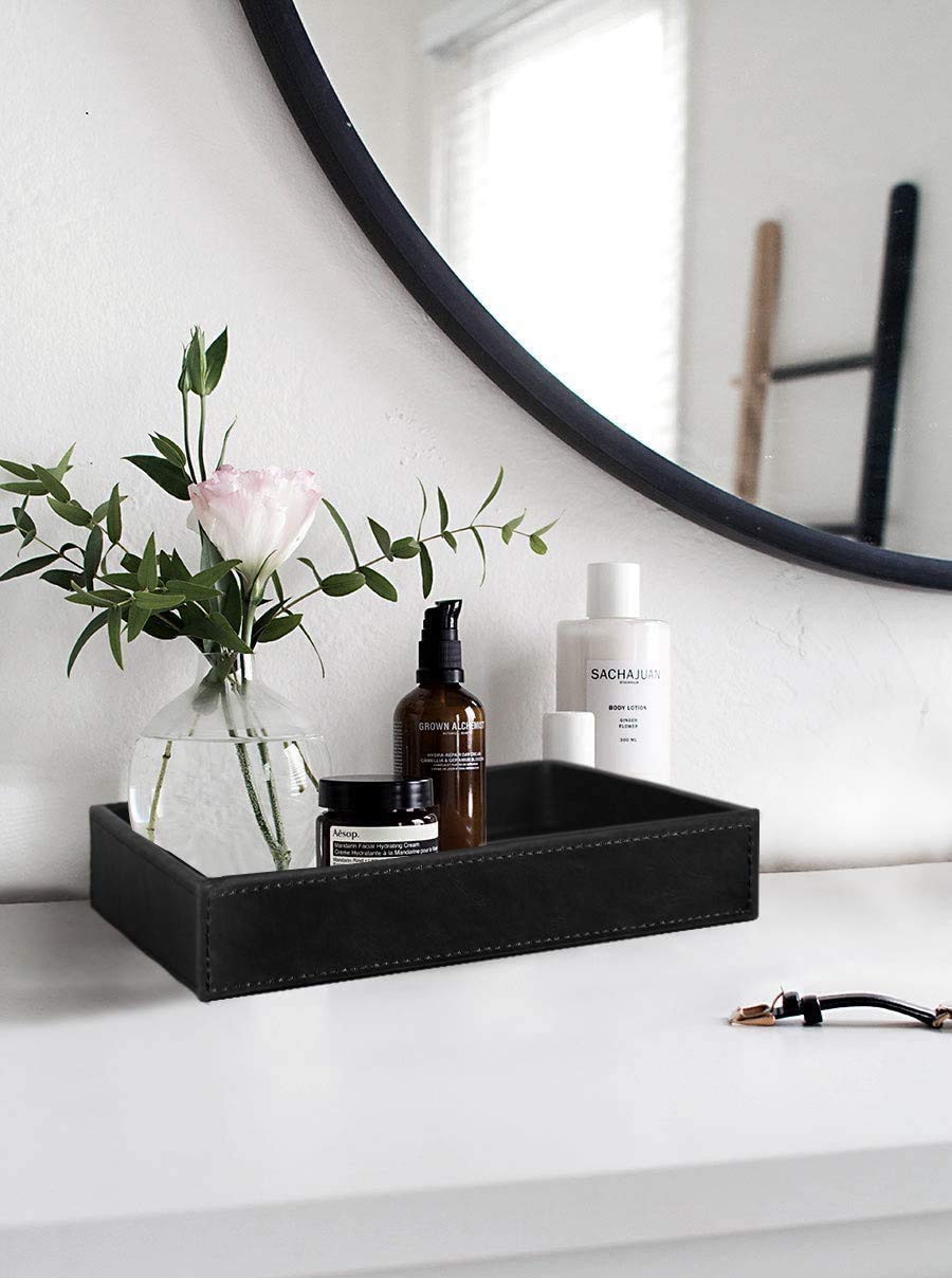 Plateau décoratif en cuir synthétique - 33 x 25 x 4 cm - Pour bijoux, cosmétiques, petits accessoires - Pour salon, chambre à coucher, salle de bain