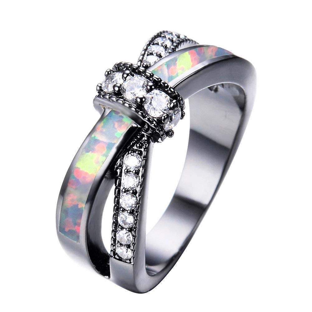 Aunyamanee Jewelry ShopExquisite White Fire Opal Criss Cross Infinite Ring Black Gold Promise Jewelry (7)