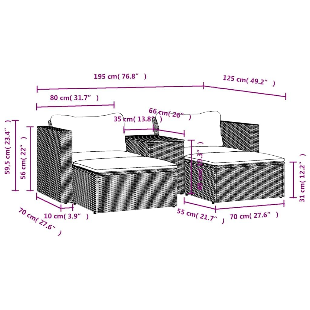 vidaXL Garten Sofagarnitur mit Kissen 5-TLG., Gartensofa Set mit abnehmbarem waschbarem Bezug, Gartenmöbel mit modularem Design, Gartengarnitur Sitzgruppe, Schwarz Poly Rattan Akazie