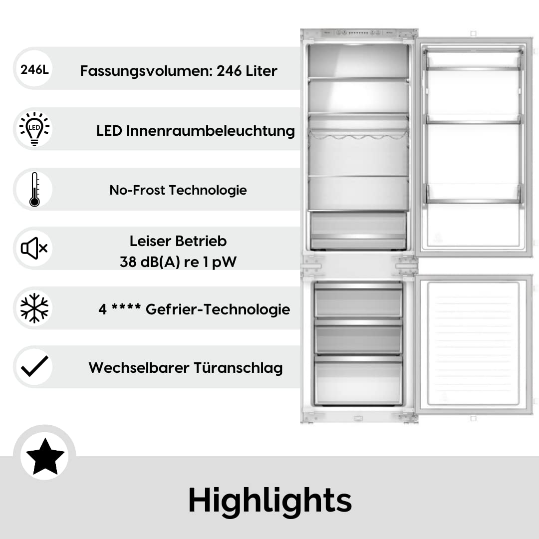Wolkenstein WKG257.4NF EB Einbau Kühl-Gefrierkombination 246l Kühlen 63l Gefrieren LED Kühlschrank integrierbar No Frost wechselbarer Türanschlag leise