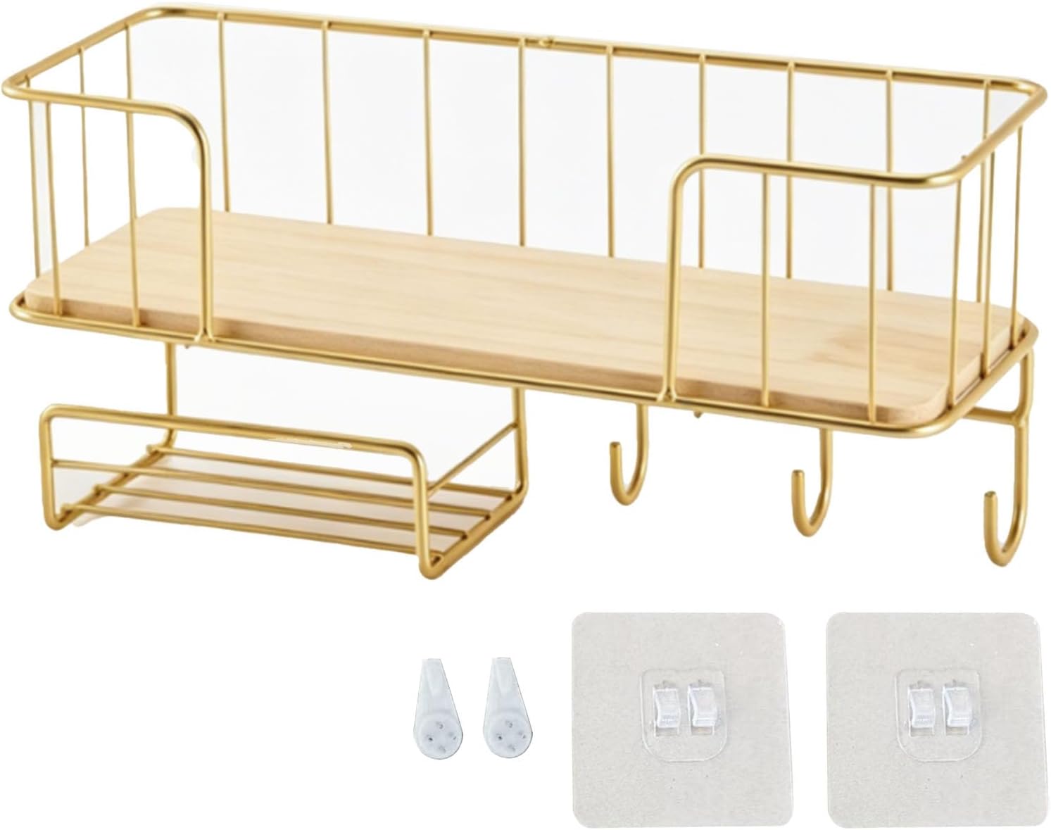 Wall Mounted Shower Storage Rack, Iron & Solid Wood Space Saving Wall Utilization Multifunctional Decor Display for Bathroom Bedroom Living Room Hall Bedside Plant Photo (Gold)