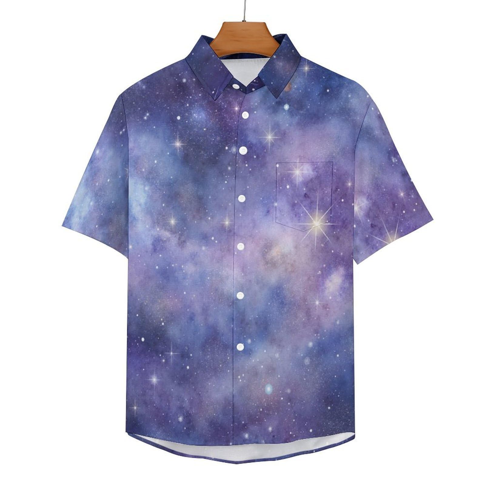 Camicia Casual da Uomo, Galassia Viola Stampa Maglietta Estiva a Maniche Corte Stile Sogno Casual Button Down Hawaiani Camicie Risvolto Spiaggia Top