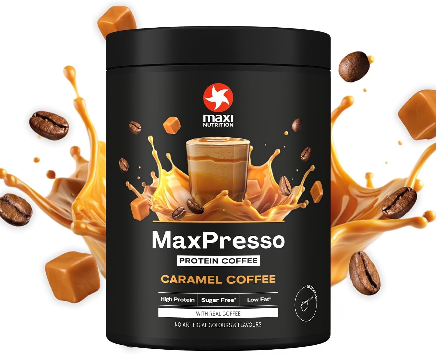 MaxiNutrition MaxPresso Caramel 300 g, café con proteínas, polvo de Whey Coffee, 21 g de proteínas por porción, sin azúcar y bajo en grasa, se puede comer caliente y frío