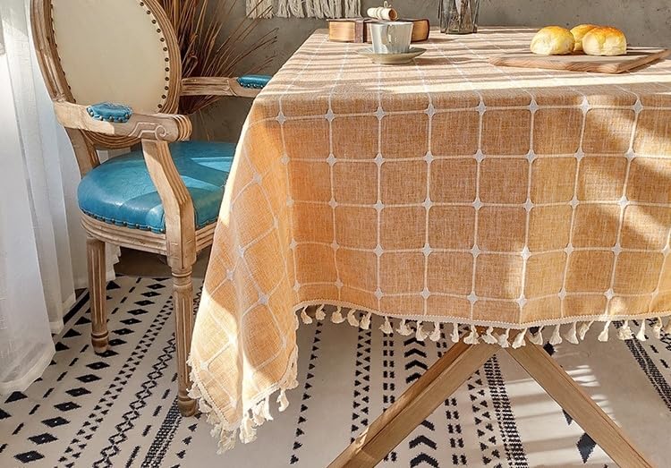 Tovaglia Antipolvere, Tovaglie Lavabili Rettangolari, Tovaglia A Quadri Blu Chiaro Ricamata in Cotone e Lino con Frange, Antipolvere, per Tavolo da Picnic, Cucina, Sala da Pranzo, 140*240 C