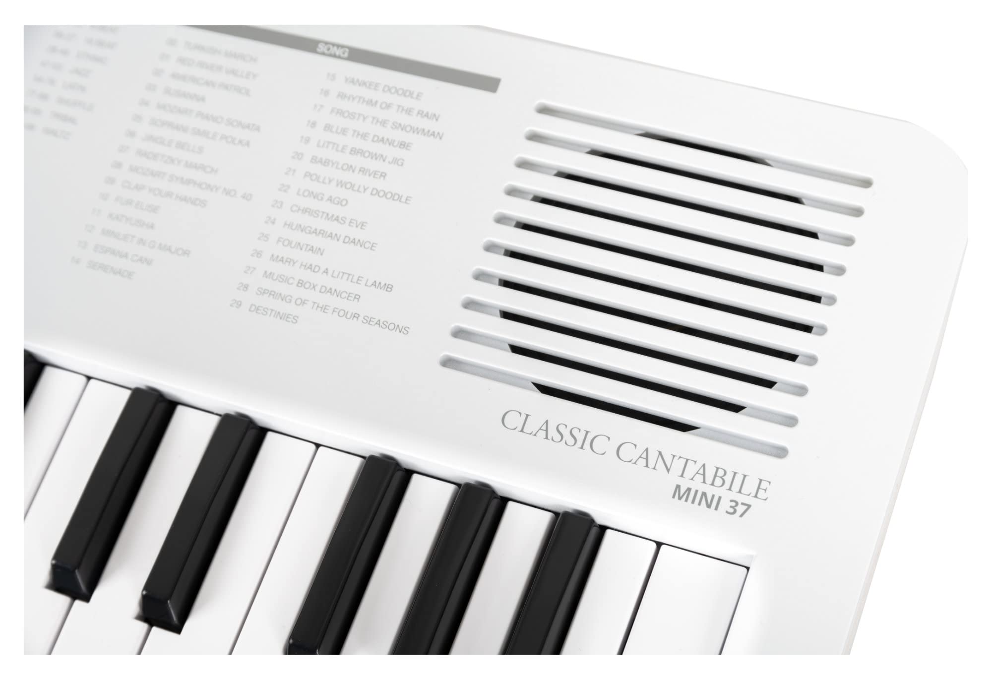 Classic Cantabile MINI-37 Clavier blanc-gris, 37 mini-touches, 100 rythmes | 100 sons (répartis en 10 groupes), 30 chansons (la voix mélodique peut être coupée), Polyphonie 32 notes, Bouton de volume