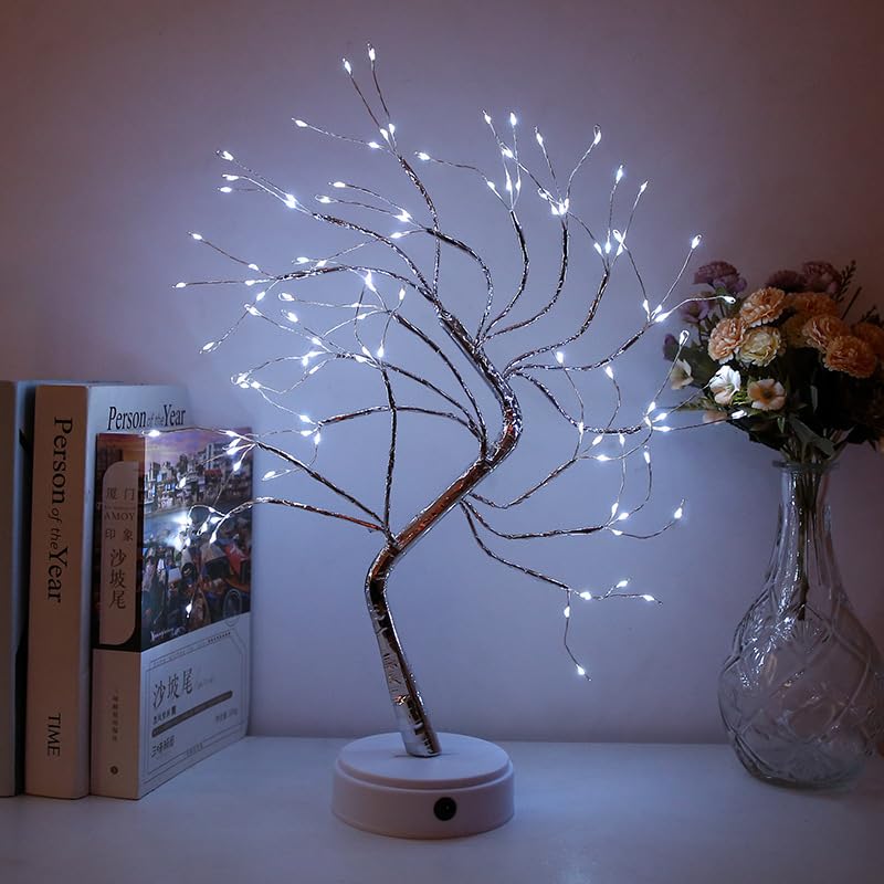 20" Tabletop Bonsai Tree Light, 108 LED Silver Copper Wire Tree Lamp Fairy Spirit Night Light, Battery/USB Operated DIY Artificial Tree Lamps for Christmas Wedding Party Home Decor, White