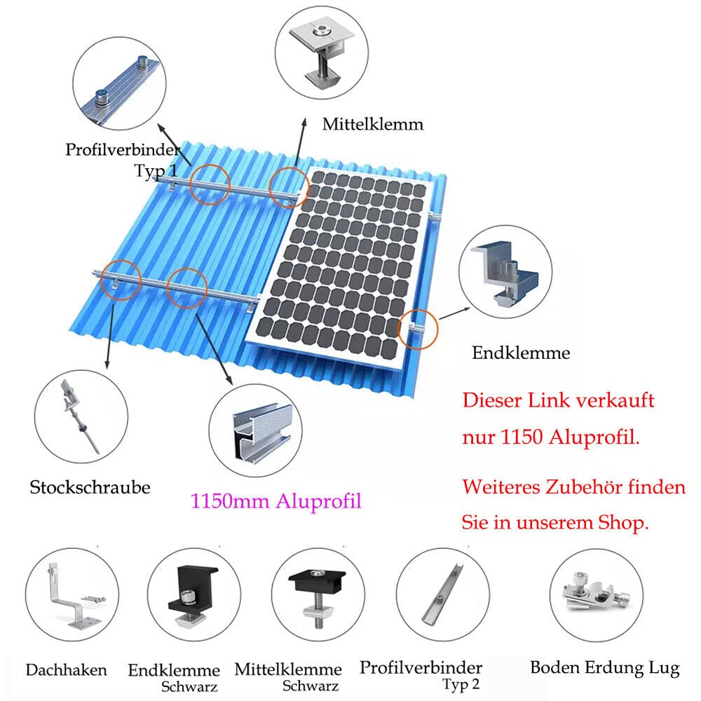 TEOV Riel fotovoltaico, 1150 mm, 4 unidades, perfil de aluminio, techo de chapa/ladrillo/betún, metal, 1 módulo de fijación, riel de montaje PVV, perfil de sistema para panel solar