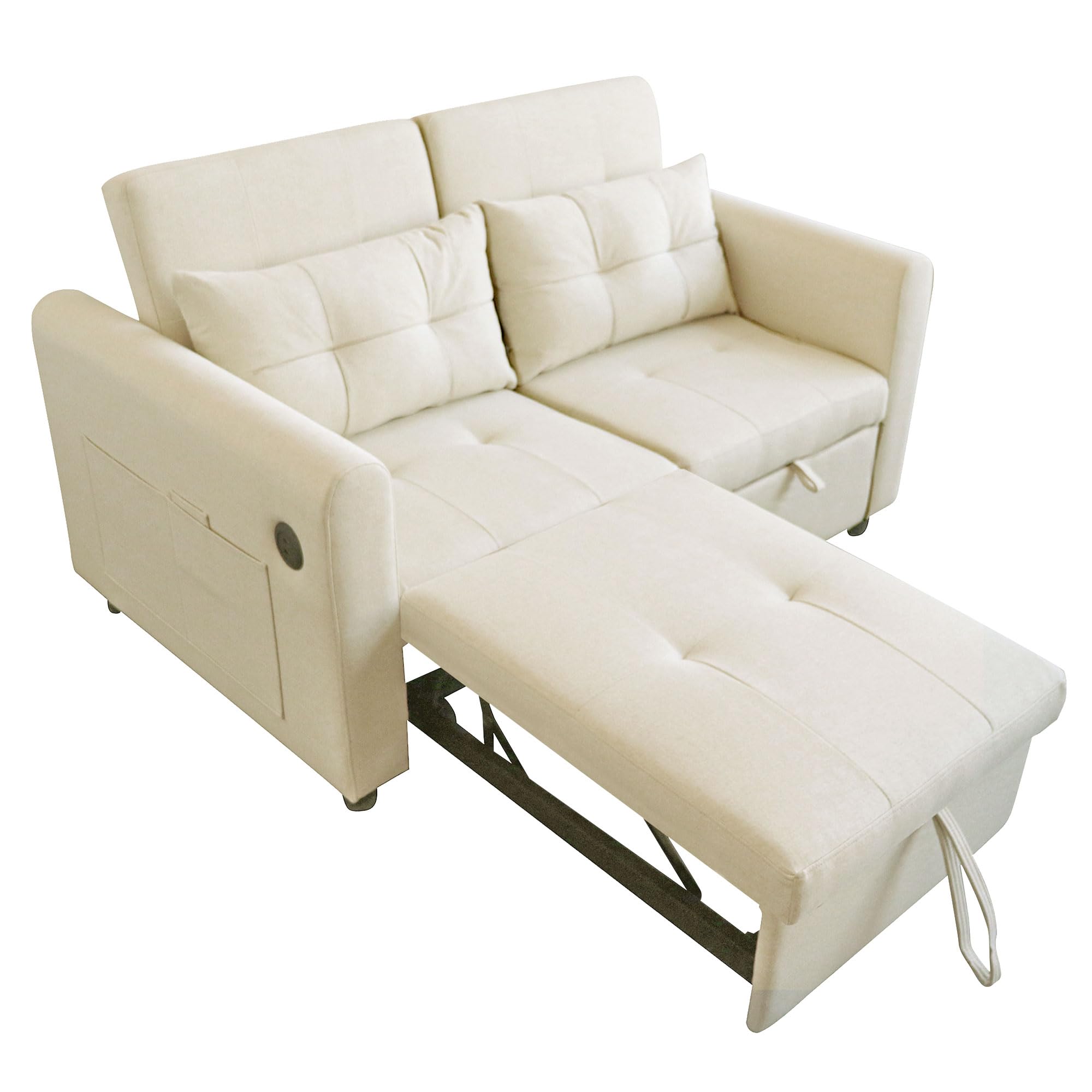 Azkoeesy Sofá Cama Extensible 3 en 1 de 2 plazas, sofá Plegable con Respaldo Ajustable y 2 Almohadas, Puerto USB, Bolsillo Lateral, para salón, Cine en casa, 142 x 83 x 85-172 cm, Tela de Lino, Beige