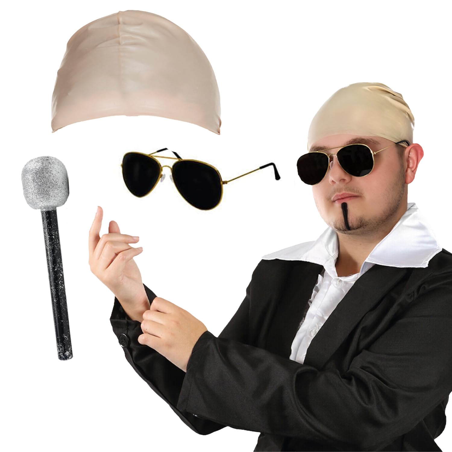 Adults Mr Worldwide Accessory Set - Nude Latex Bald Cap, Black Sunglasses, Microphone, Black Soul Patch - Mens Ladies Music Icon Famous Celebrity Fancy Dress Costume Accessory Set