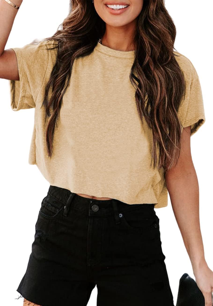 Tankaneo Women Short Sleeve Cropped T-Shirts Crew Neck Loose Crop Tops Summer Casual Drop Shoulder Basic Tees