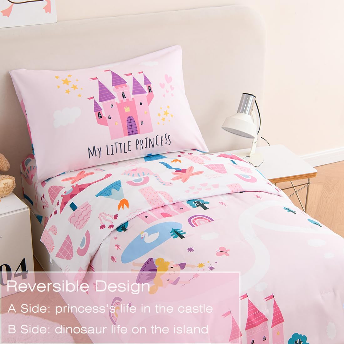 PERFEMET 4 Pieces Girls Toddler Bedding Set Pink Castle Fairy Tales Toddler Comforter Set Reversible Colorful Rainbow Princess Printed Toddler Bed Set with Sheets(Pink, Castle) - Image 3