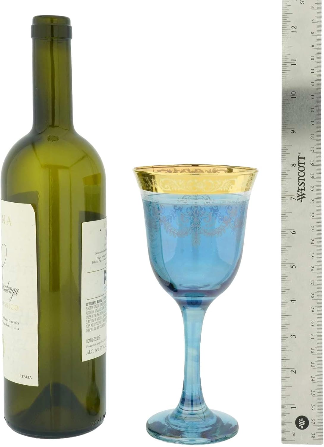 Glass Of Venice Set of Two Italian Murano Glass Wine Glasses with Engraved Floral pattern and 24K Gold Leaf - Blue