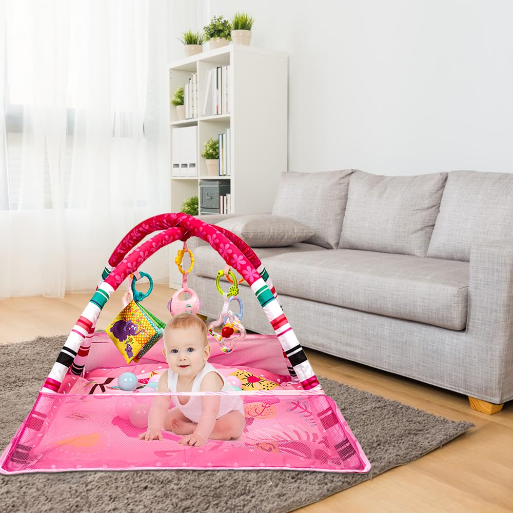 Parc de jeu bébé carré avec arche d'éveil, tapis d'activités, 18 balles de piscine incluses, pour nourrissons 0 à 3 ans，Rose