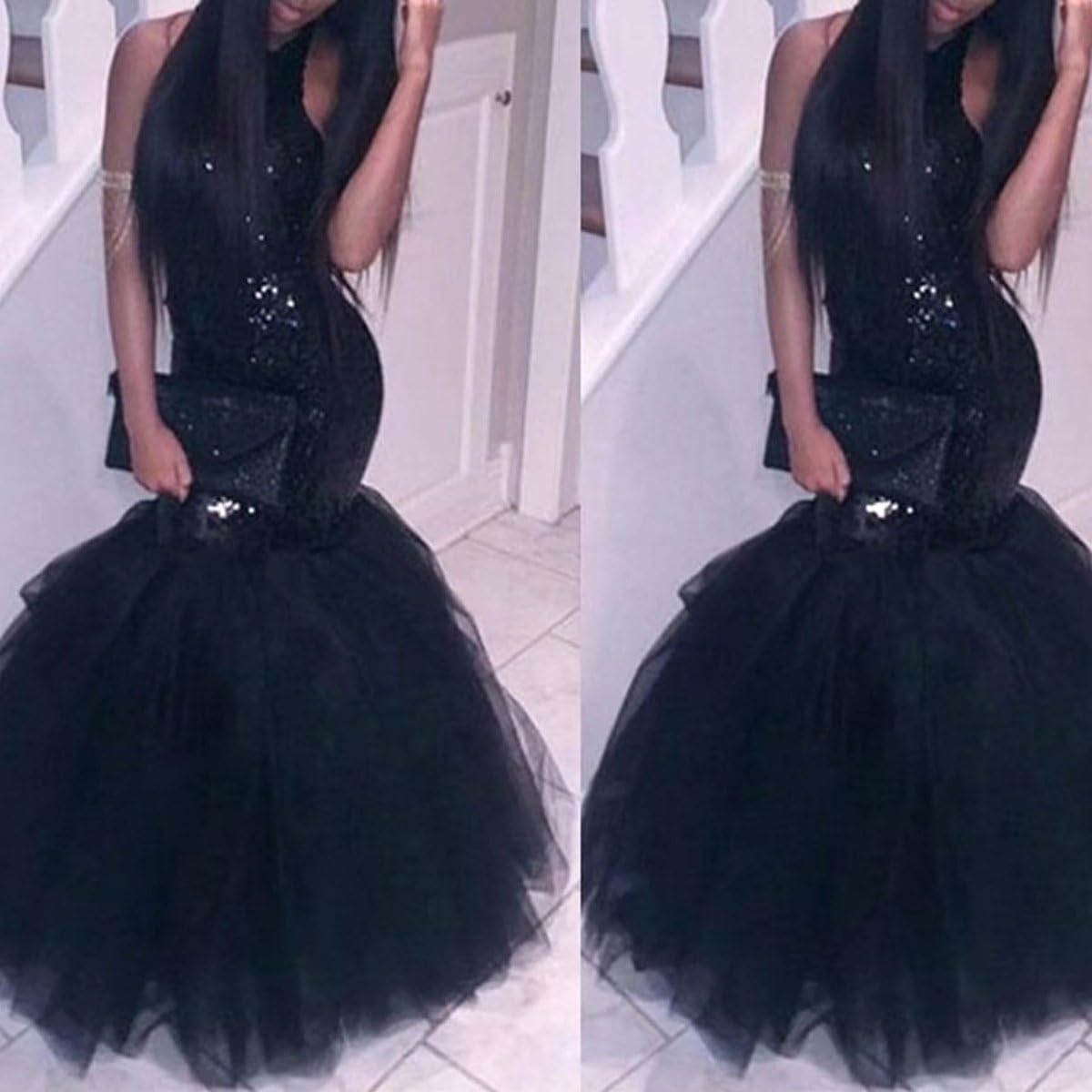 Lemai Halter Sequined Long Mermaid Tulle Backless Prom Evening Dresses