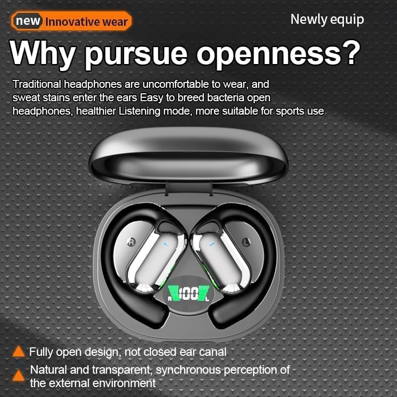 Open Ear Bluetooth 5.4 Headphones, Wireless Earbuds Sport Over Earphones Built-in Mic with Ear Hooks 50H Playtime Ear Buds LED Display Charging Case, Waterproof Design for Running Fitness, Black - Image 2