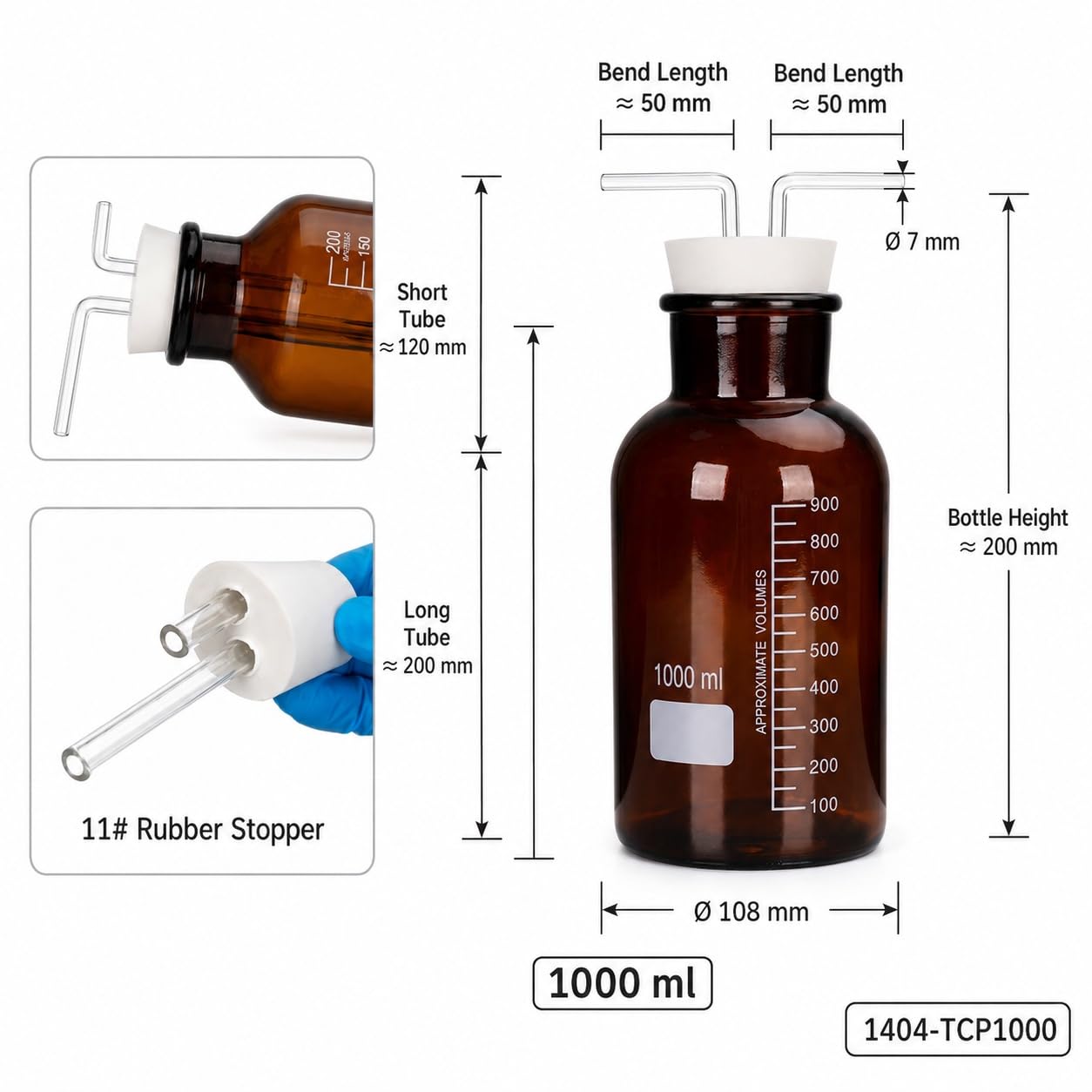 Frasco Borboteador Lavador Gas Vidrio Ámbar Tapón Goma Doble Orificio-1000ml