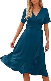 Vestido de verano para mujer con cinturón, color liso, manga corta, para vacaciones, vestido con volantes - talla 42