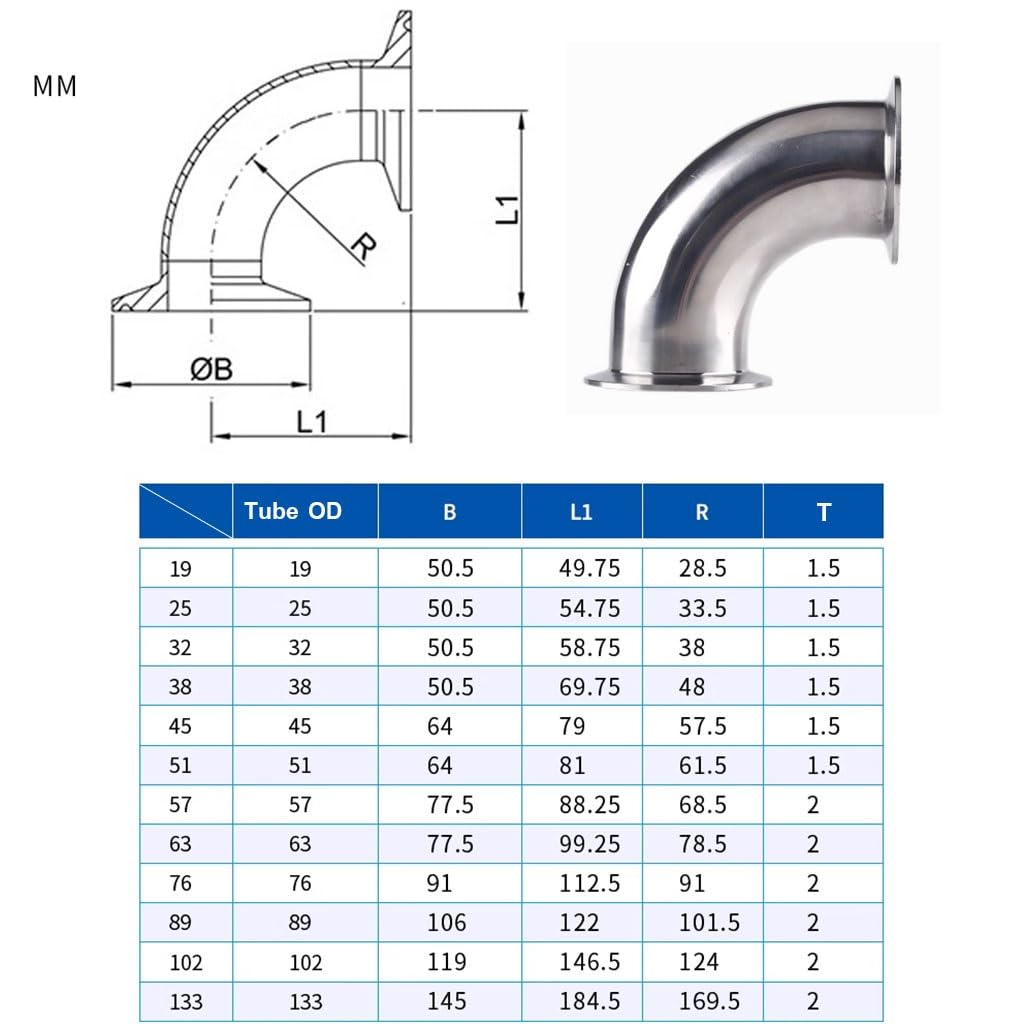 Schlauchverbinder,. 3/4" 1”2”19Mm-63Mm OD Sanitär-Tri-Clamp-Ferrule 90-Grad-Winkelrohrverschraubung, Edelstahl 304 rechtwinklige Biegung Homebrew, 1 Stück(63mm x ferrule 77.5)
