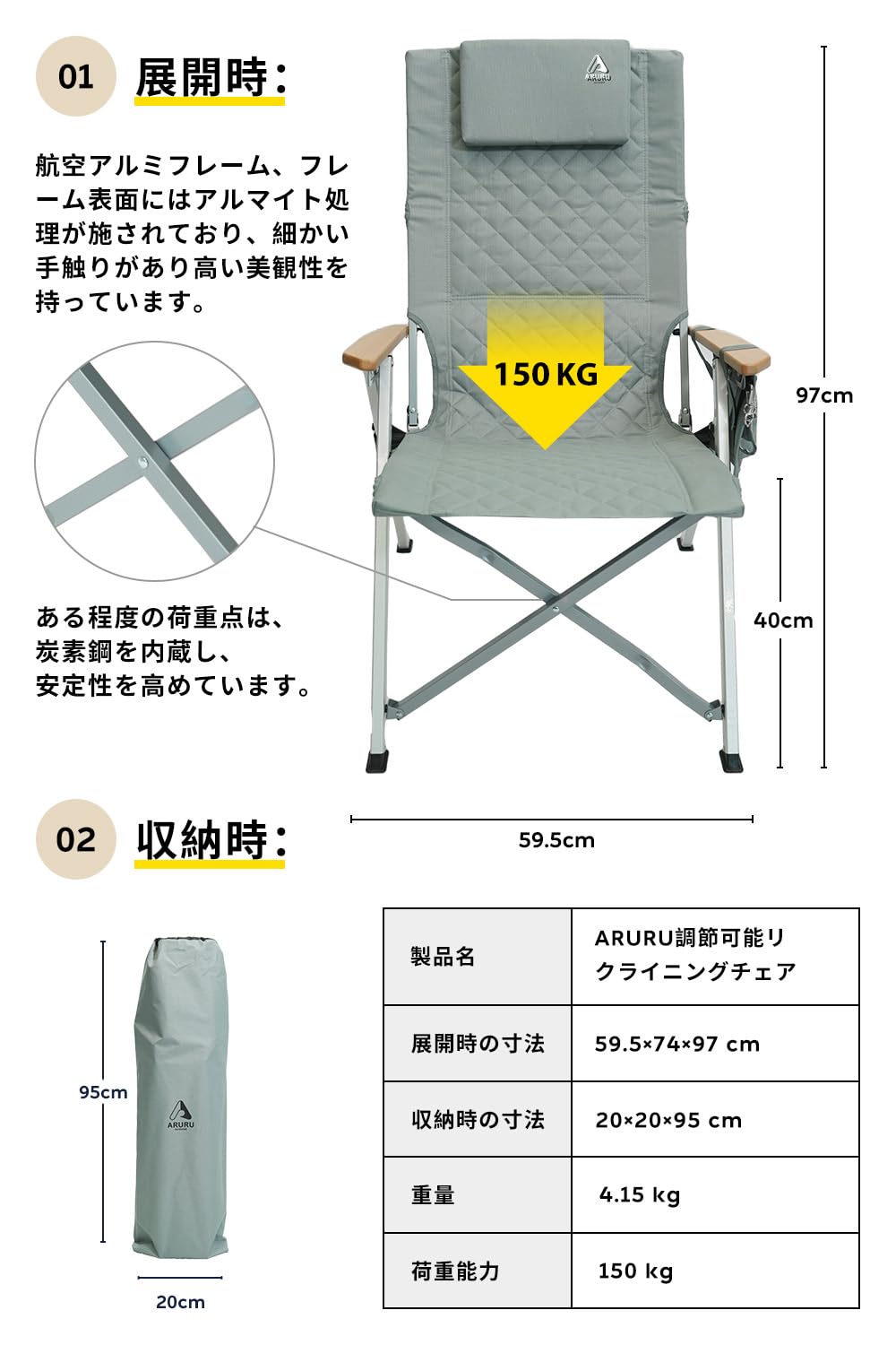 Amazon.co.jp: ARURU キャンプ 椅子 リクライニングチェア アウトドア
