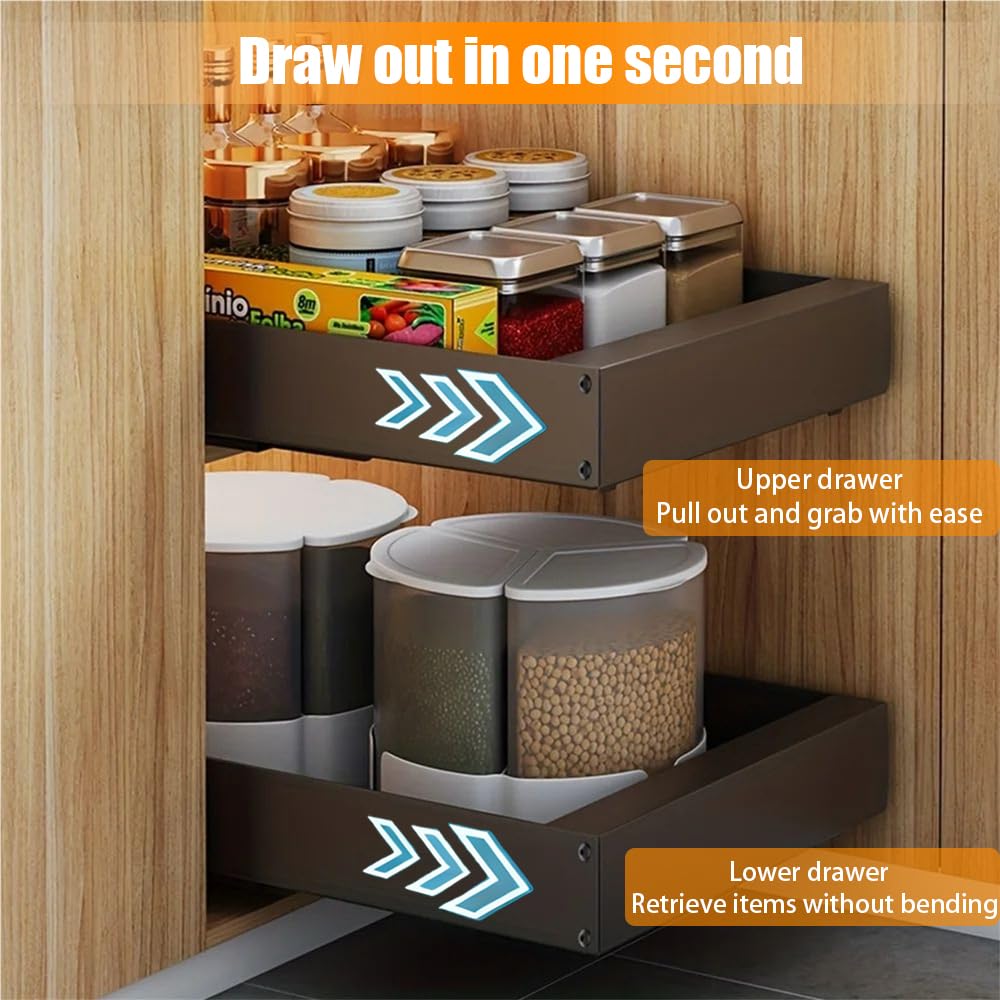 2PC Cassetti Estraibili Per Cucina,Cassetto Per Armadio In Acciaio Al Carbonio Robusto Di 42 Cm x 25 Cm x 7 Cm,Scorrevole,Con Adesivo Nano o Viti (a Scelta),Pezzi Adatto Per Cucina, Bagno e Soggiorno