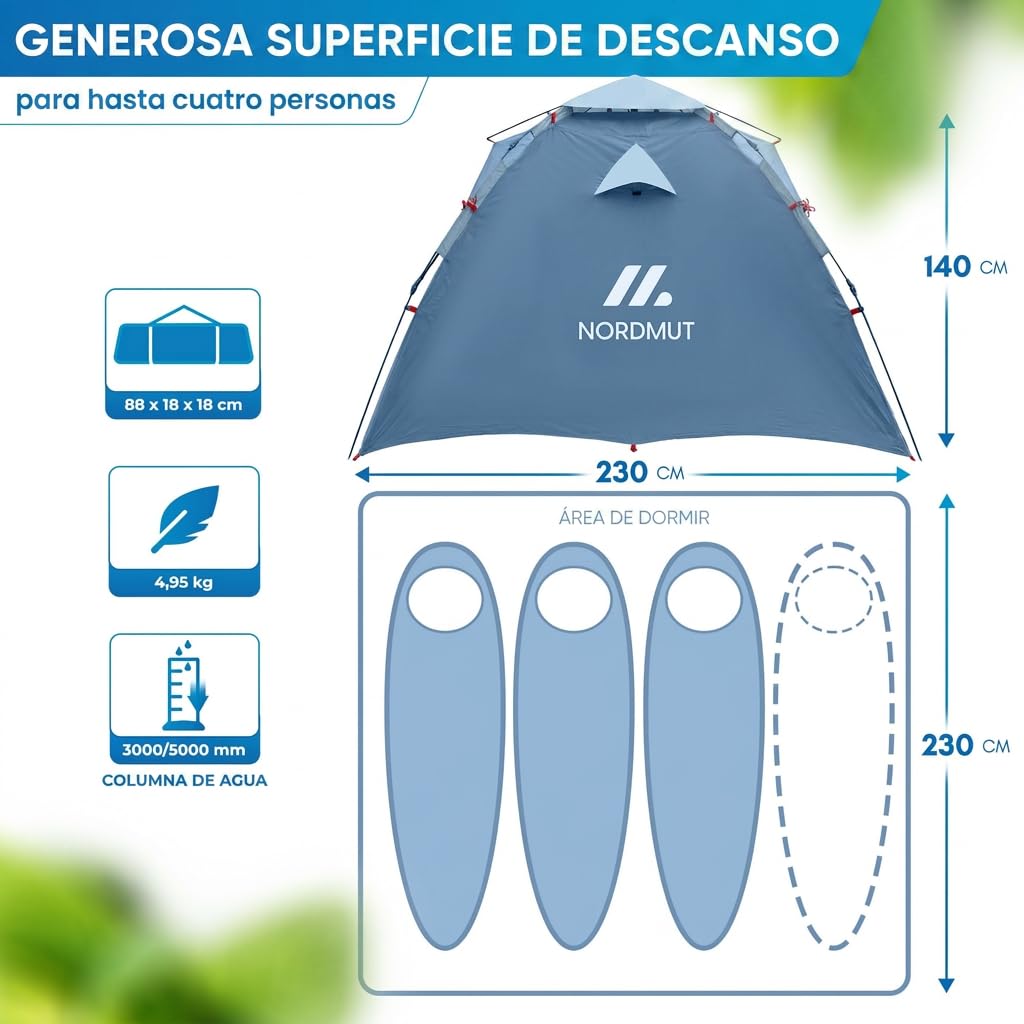 NORDMUT® Tienda Pop-Up 2-4 Personas Impermeable Protección UV Camping