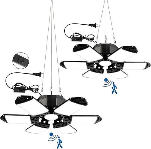 Luces LED de garaje activadas por movimiento, paquete de 2 luces LED de garaje enchufables, sensor de movimiento, luces de tienda deformables de