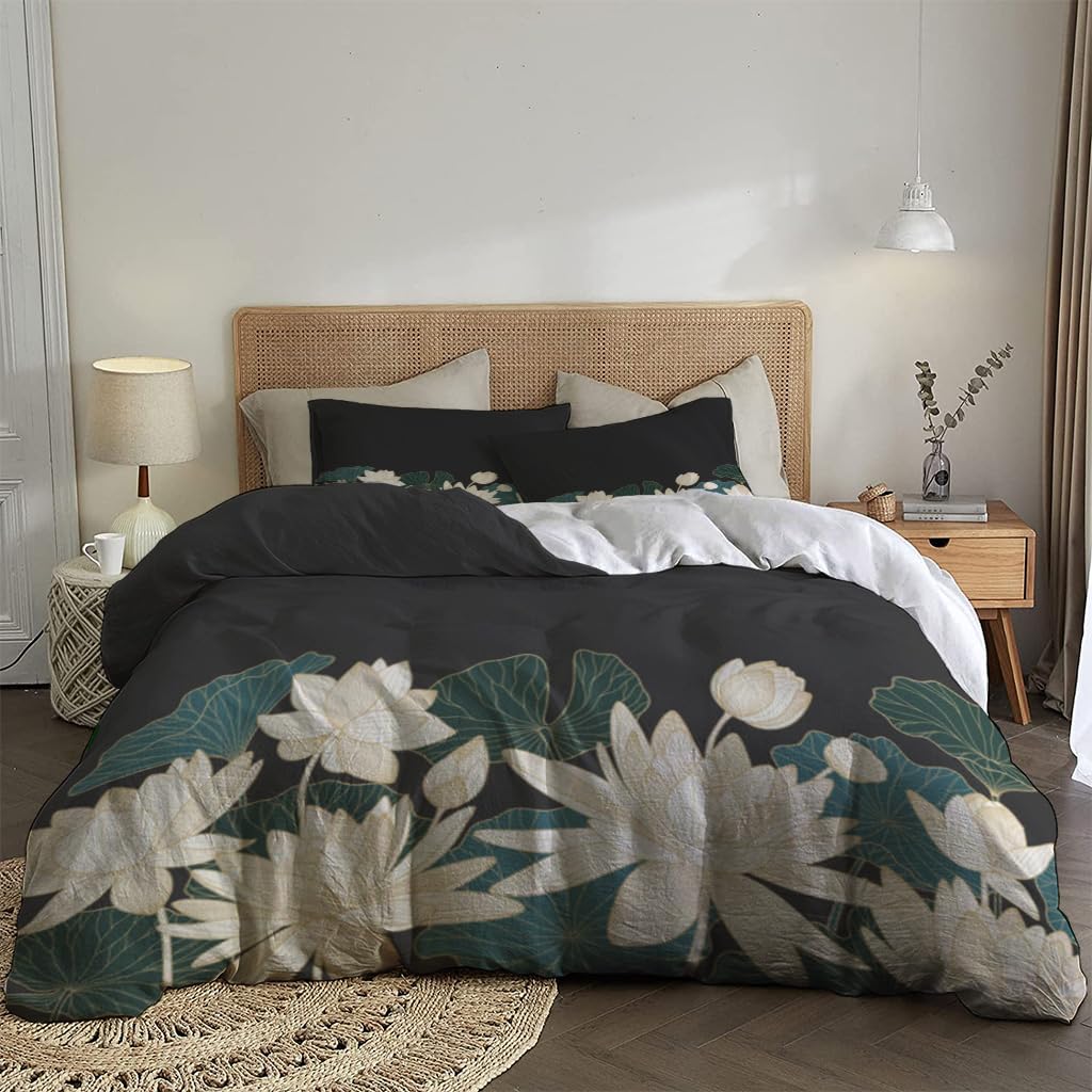 NIBAINLO 布団カバー黄金の蓮と葉 肌に優しい ピーチスキン加工 掛け布団カバー 和式 洋式 あったか 布団カバーセット リバーシブル ホームステイ ホテル 家庭兼用