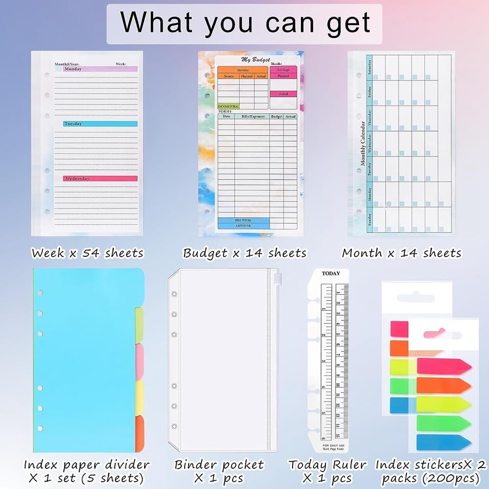 Yasoe 82 Feuilles Recharge A6 Budget Planner - Calendrier Mensuel Hebdomadaire & Budget 6 Trous