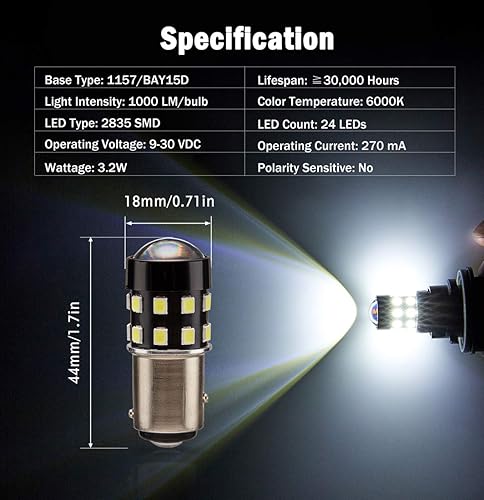 Miniatura 2 de Bombillas LED BAY15D superbrillantes 1157 2057 2357 7528 BAY15D 6000K xenón blanco 24-SMD LED chipsets con proyector para luces de marcha atrás de