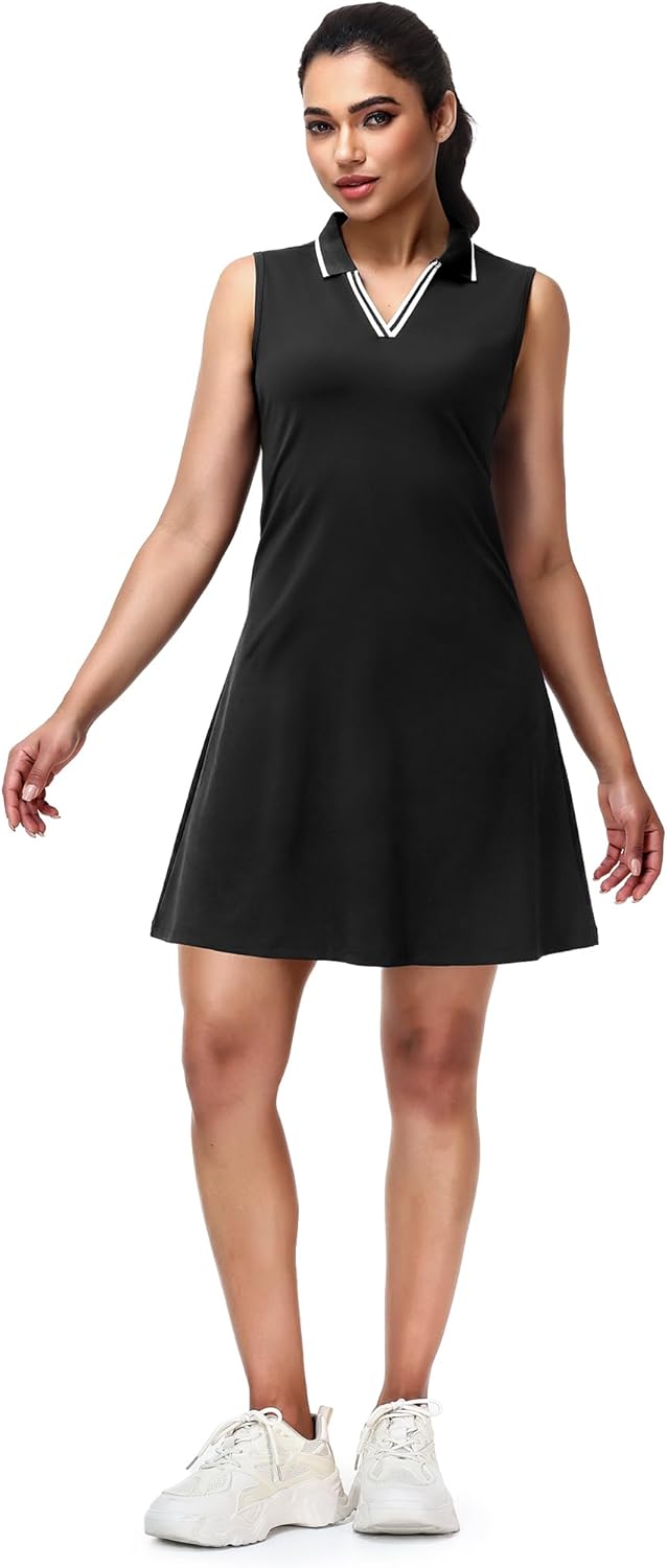 MIER Sleeveless Golf Dress for Women - V Neck Ribbed Stretch Polo Dresses with Zipper Pocket for Tennis Active & Casual Wear