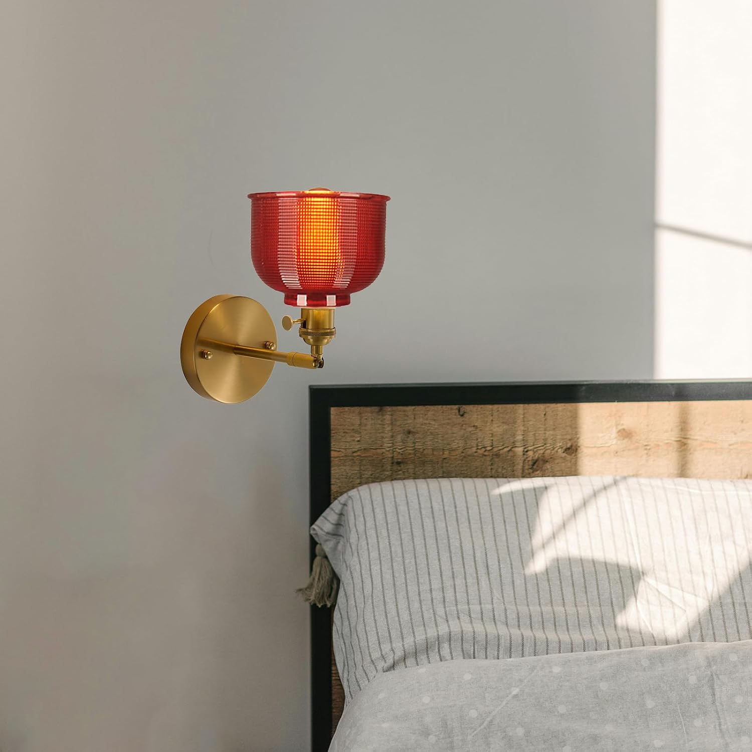 Duty Heavy Red Glass Vintage Retro Farmhouse Mini Wall Lamp Sconces Gold Brass Finish Wall Light for Kitchen Island Bedside (Red)