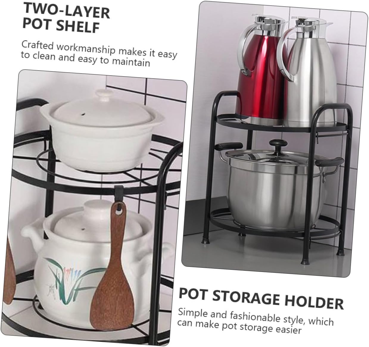 1Pc Two Layer Pot Shelf Multipurpose Kitchen Storage Rack for Organizing Cookware Black Space Saving Design for Vertical Storage Easy to Clean and Maintain