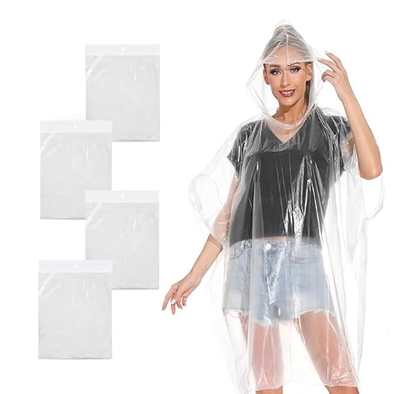 GQunit 4Pack Disposable Rain Poncho,Waterproof Emergency Raincoats,Clear Lightweight Unisex Raincoats for Camping, Hiking and Travel
