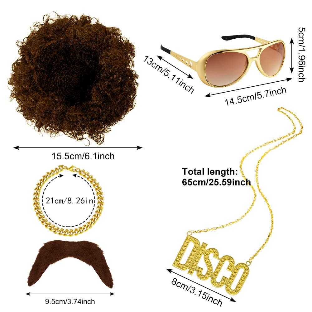 5 pcs Disco Hippie Costume 70s/80s Hippy Fancy Dress Accessories, 70s 80s Afro Hippy Wig/Hippie Funky Sunglasses/Fake Gold Bracelet/Disco Necklace/Fake Mustache for Kids Mens Women - Image 2